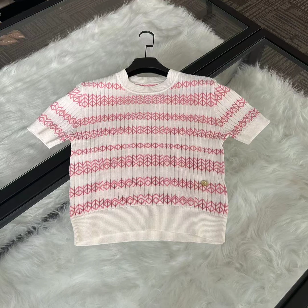 2024新款上衣女撞色条纹独特小众短袖T恤A8144