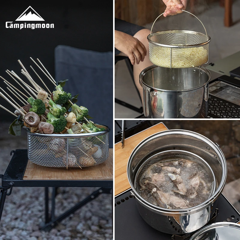 CAMPINGMOON柯曼沥水篮304不锈钢户外洗菜篮子折叠手提多用水果篮