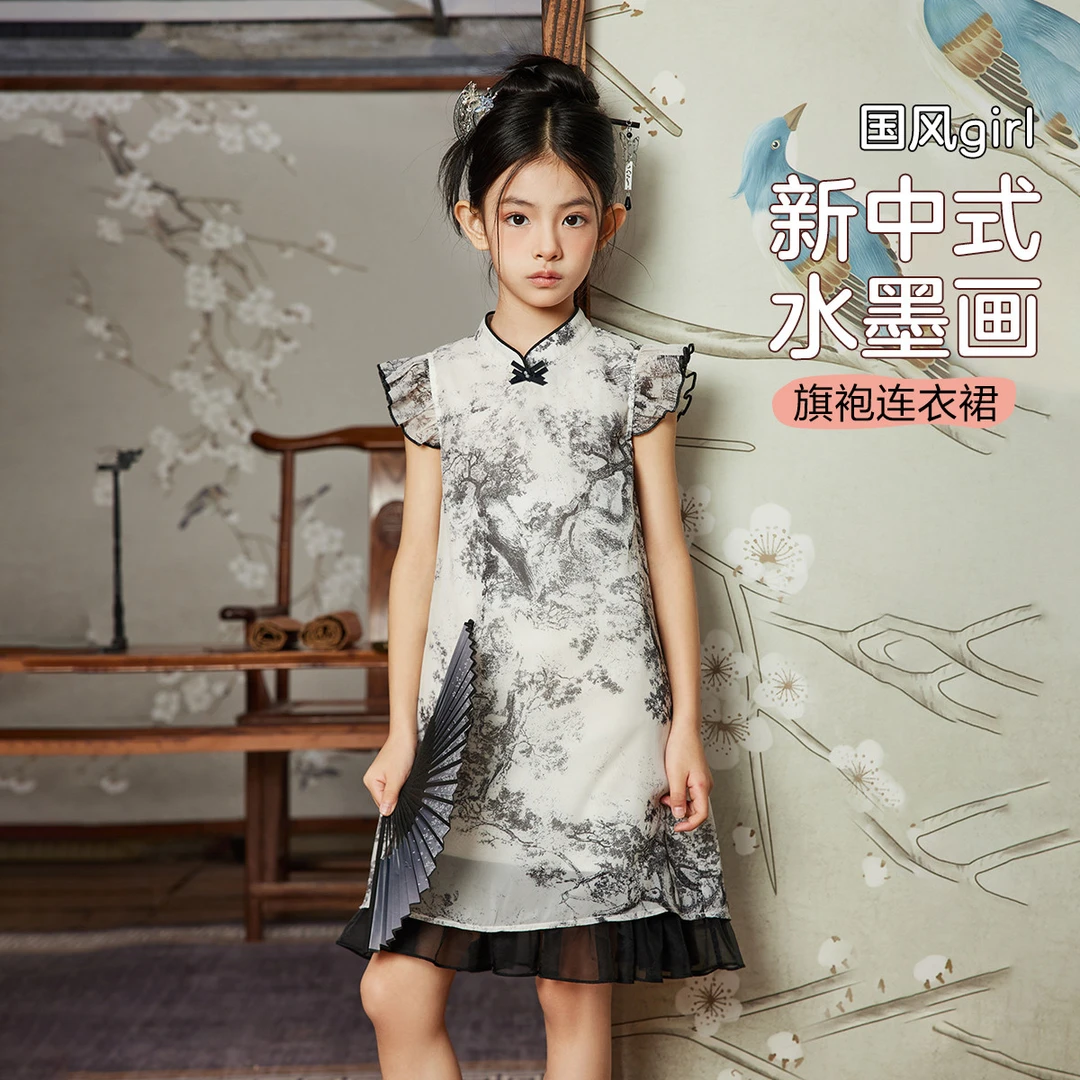 ASK JUNIOR【旗袍裙子】女童裙子2025夏装国风新中式水墨画公主裙