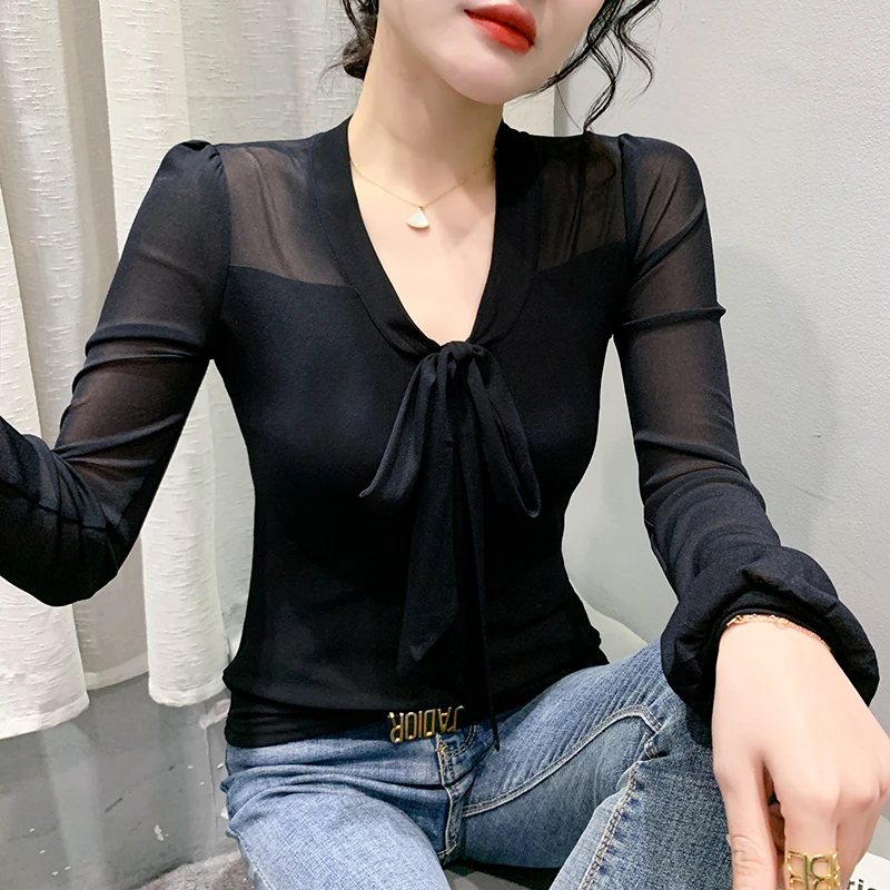 欧洲站2024春装爆款网纱显瘦打底衫法式复古设计感时尚别致上衣女