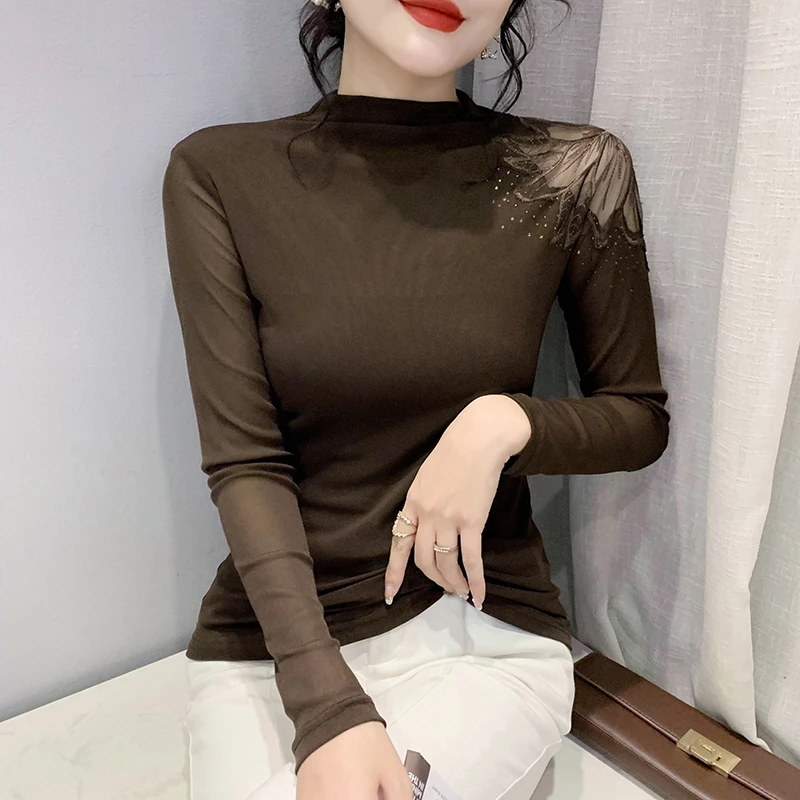 2023秋装新款半高领长袖花边拼接烫钻网纱t恤女时尚修身打底衫潮