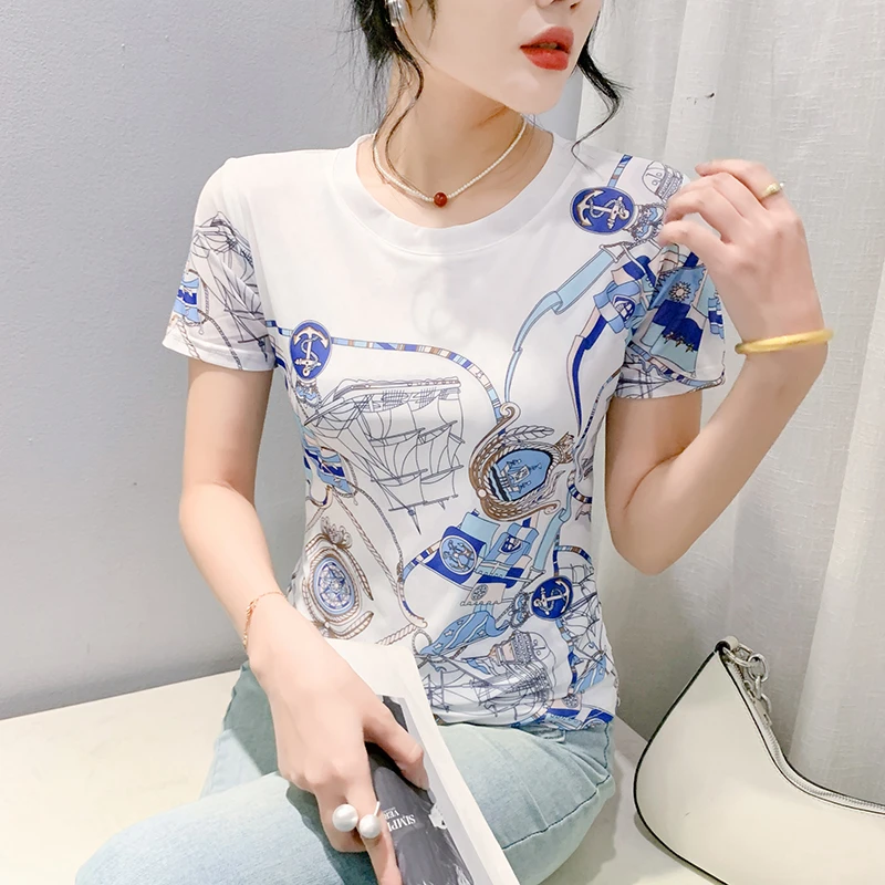 圆领高弹网纱T恤女2024夏季图案印花时尚气质短袖洋气显瘦打底衫