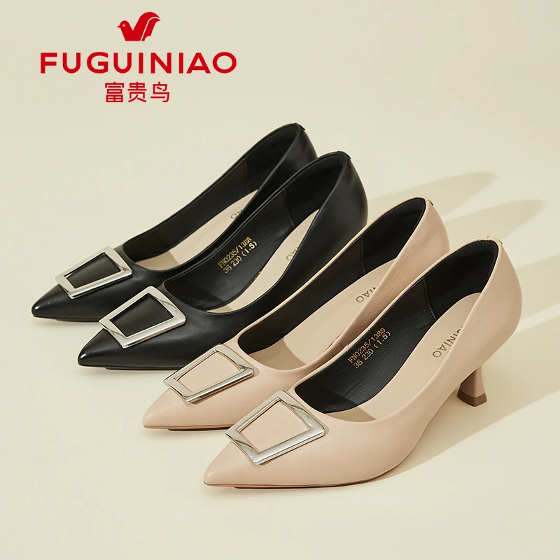 富贵鸟真皮细跟气质高跟鞋舒适浅口百搭复古职业鞋妈妈鞋单鞋裙子