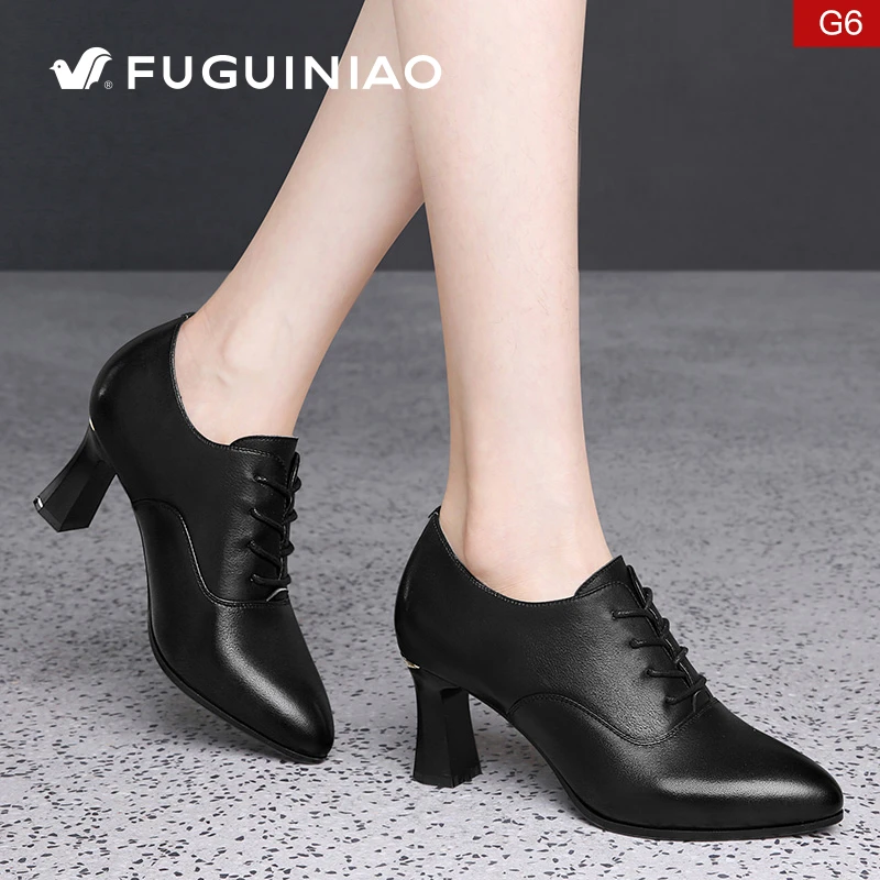 富贵鸟女鞋真皮软皮头层牛皮黑色高跟皮鞋春职业粗跟软底单鞋0095