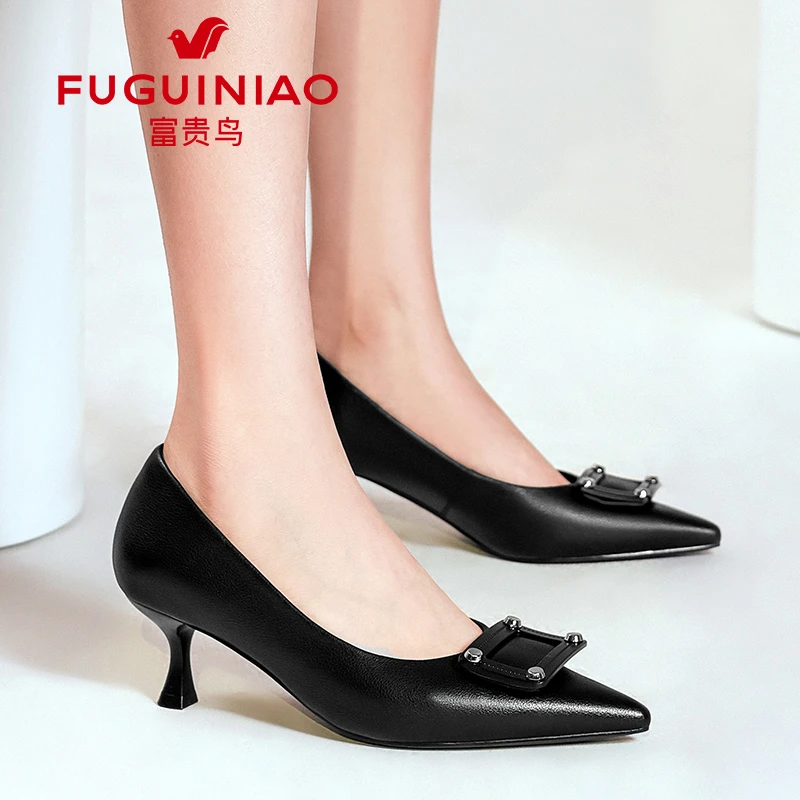 富贵鸟细跟高跟鞋女士浅口2025新款春季喜婆婆鞋真皮气质单鞋1510