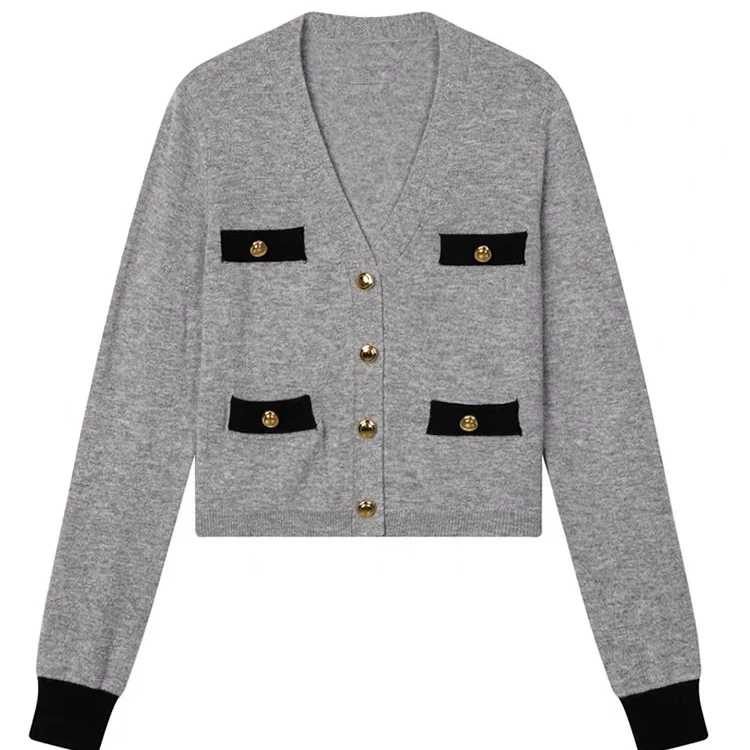 0064灰色在针织长袖开衫小香风气质轻奢时尚休闲经典秋冬秋季