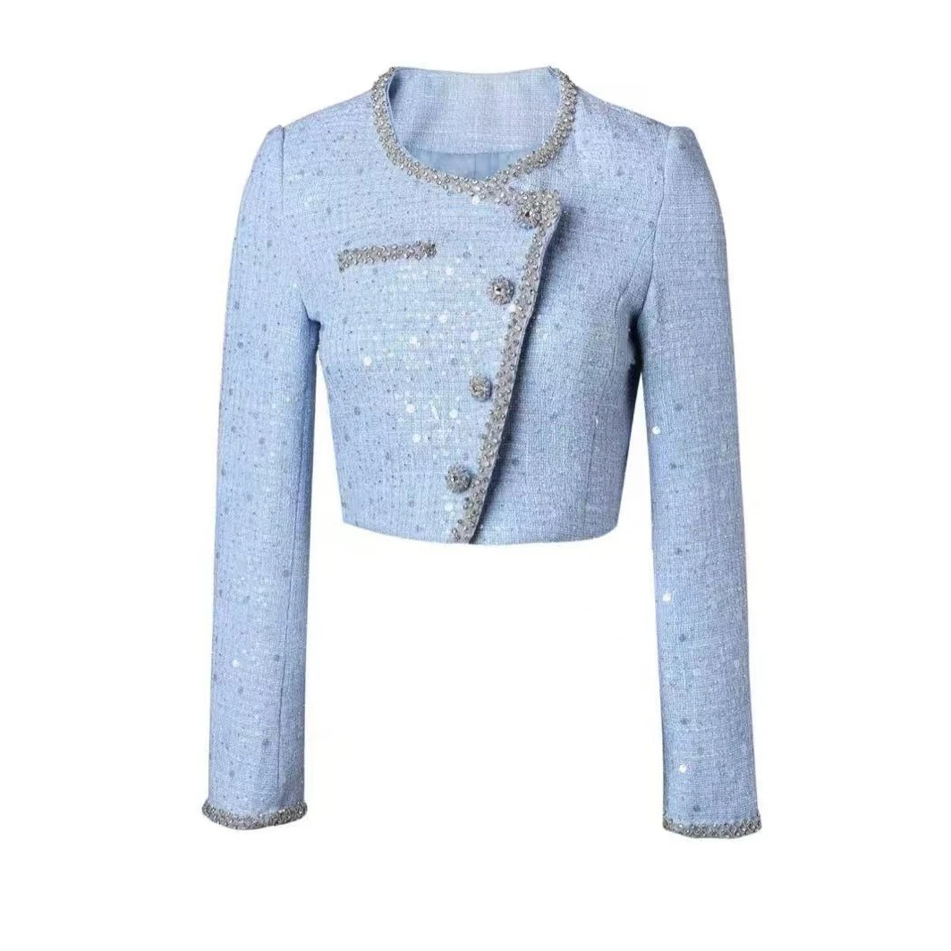 0014雾霾蓝斜门襟外套小香风气质长袖蓝色短款时尚法式