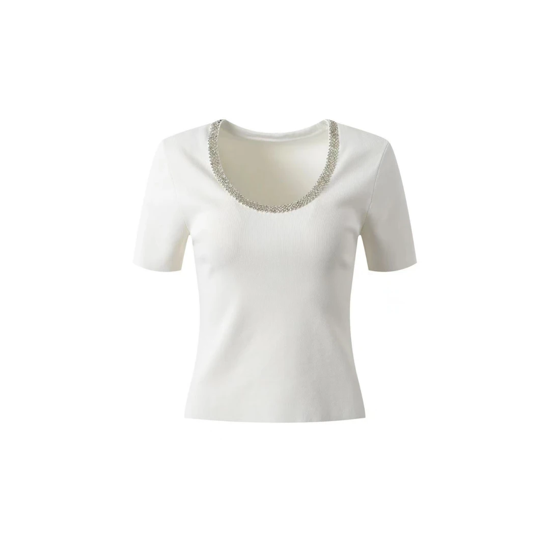 0010毛衣针织休闲修身衫蕾丝显瘦气质纯色白色时尚百搭夏季圆领