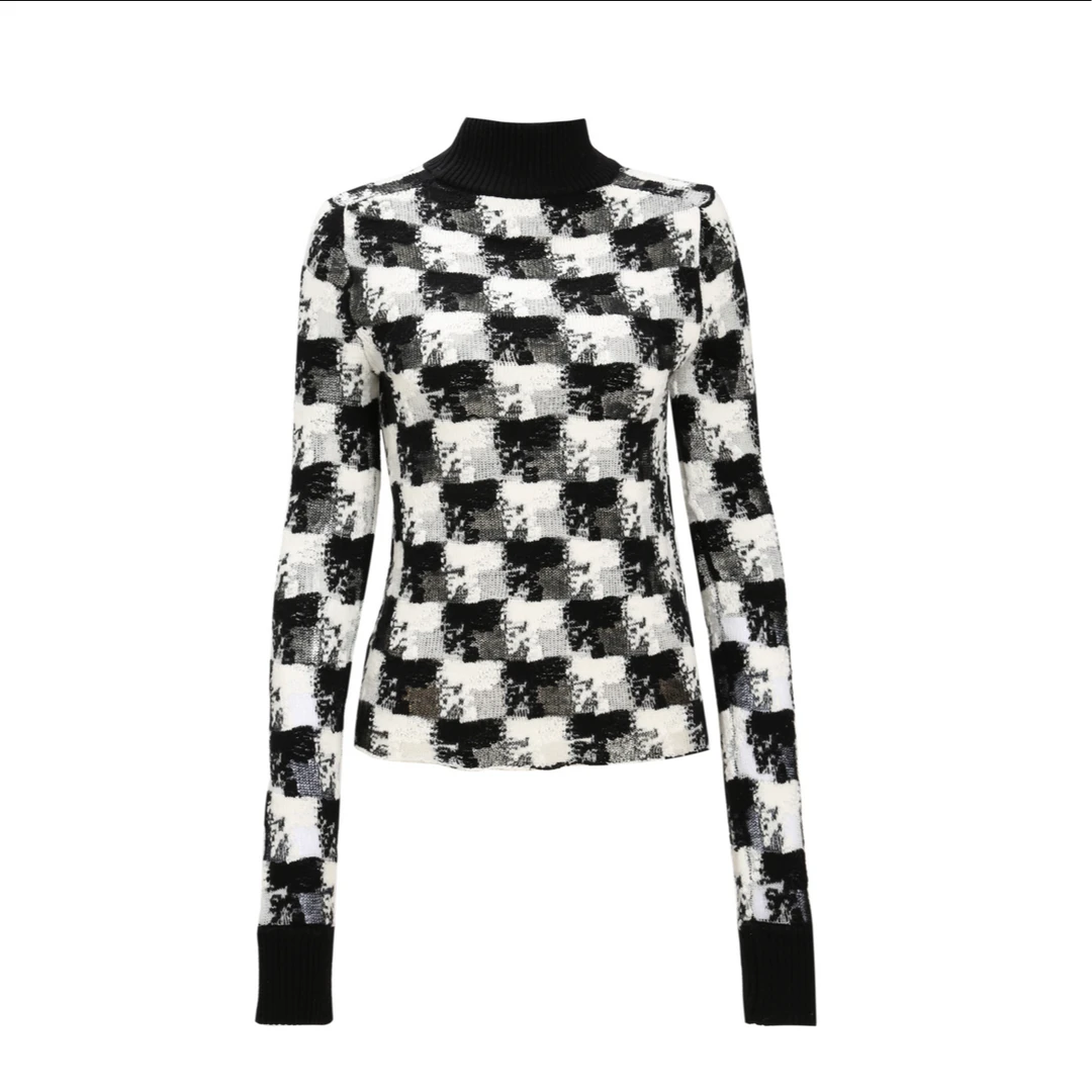 0090黑白棋盘格针织气质长袖网红短款时尚百搭修身高领显瘦白色