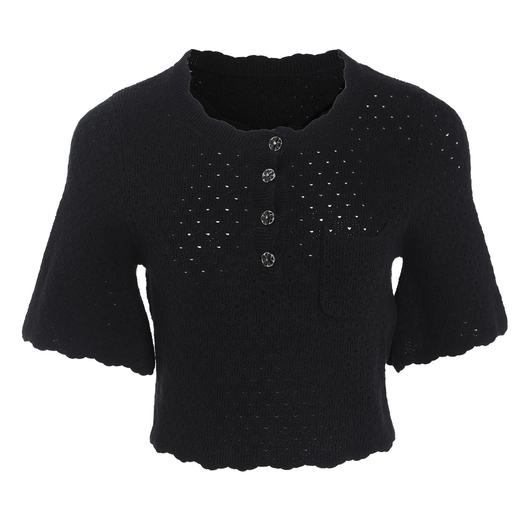 0071毛衣针织衫蕾丝优雅高级气质时尚黑色镂空泡泡袖毛衣针织衫