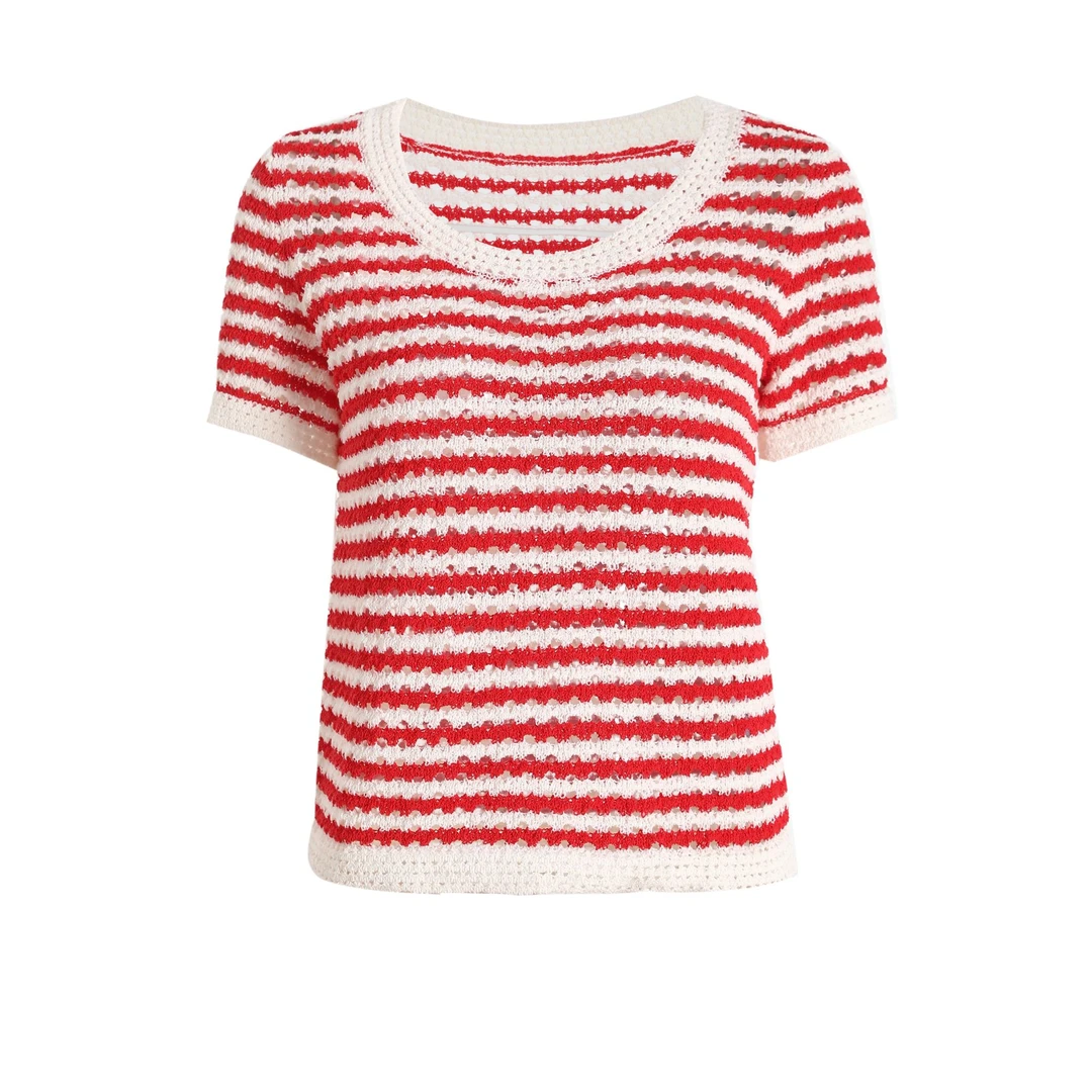 0096气质针织时尚休闲百搭女士夏季红色镂空圆领条纹针织套头T恤