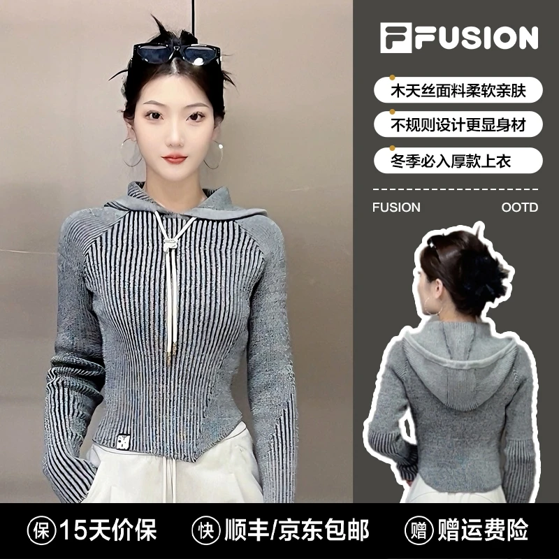 FILA斐乐【修身显瘦】运动连帽编织衫女春秋季套头长袖T11W443401F