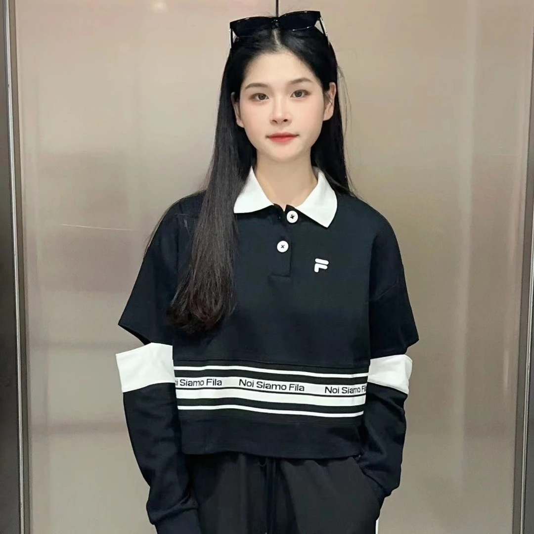 【学院风】FILA斐乐长袖POLO衫女子百搭撞色宽松上衣T11W346205F
