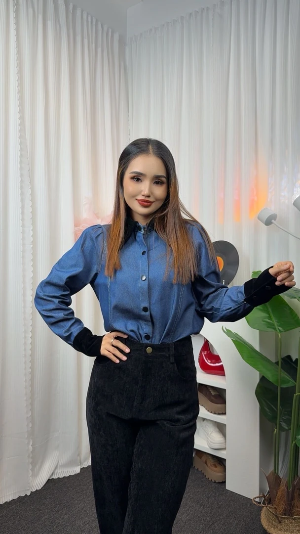 法式复古撞色拼接丝绒牛仔衬衫女