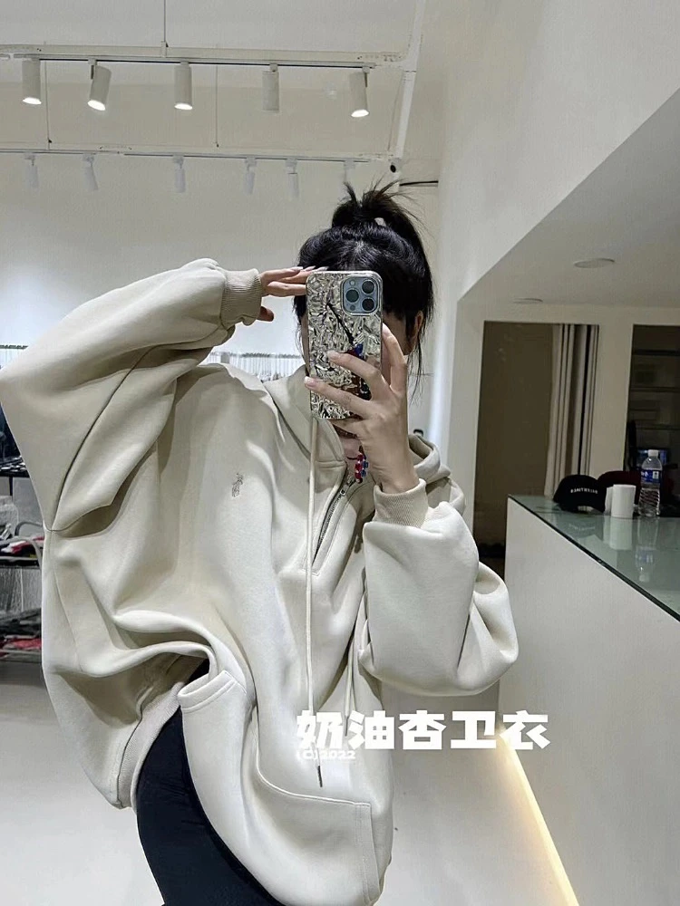 루루가— 东大门韩国 egg家 半拉链连帽卫衣加绒奶杏色男女同款外套