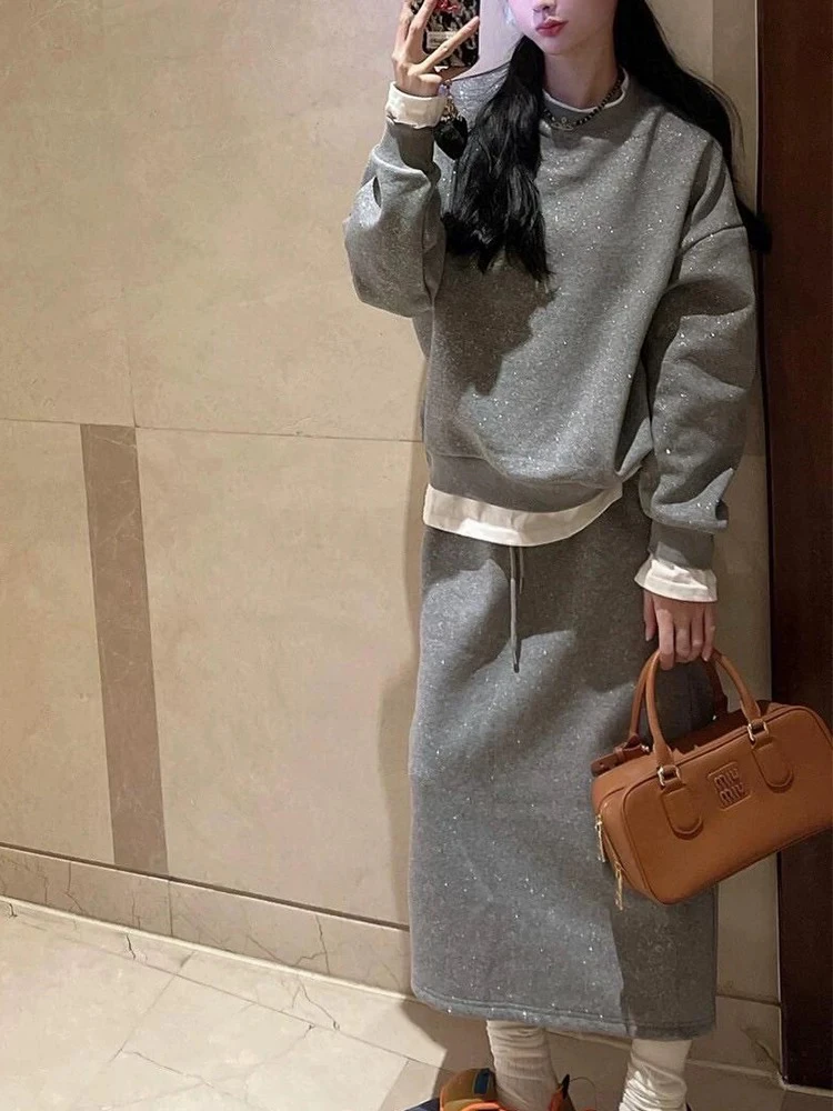 루루가−  （满天星）韩国东大门egg格雷系高级假两件卫衣半身裙套装女