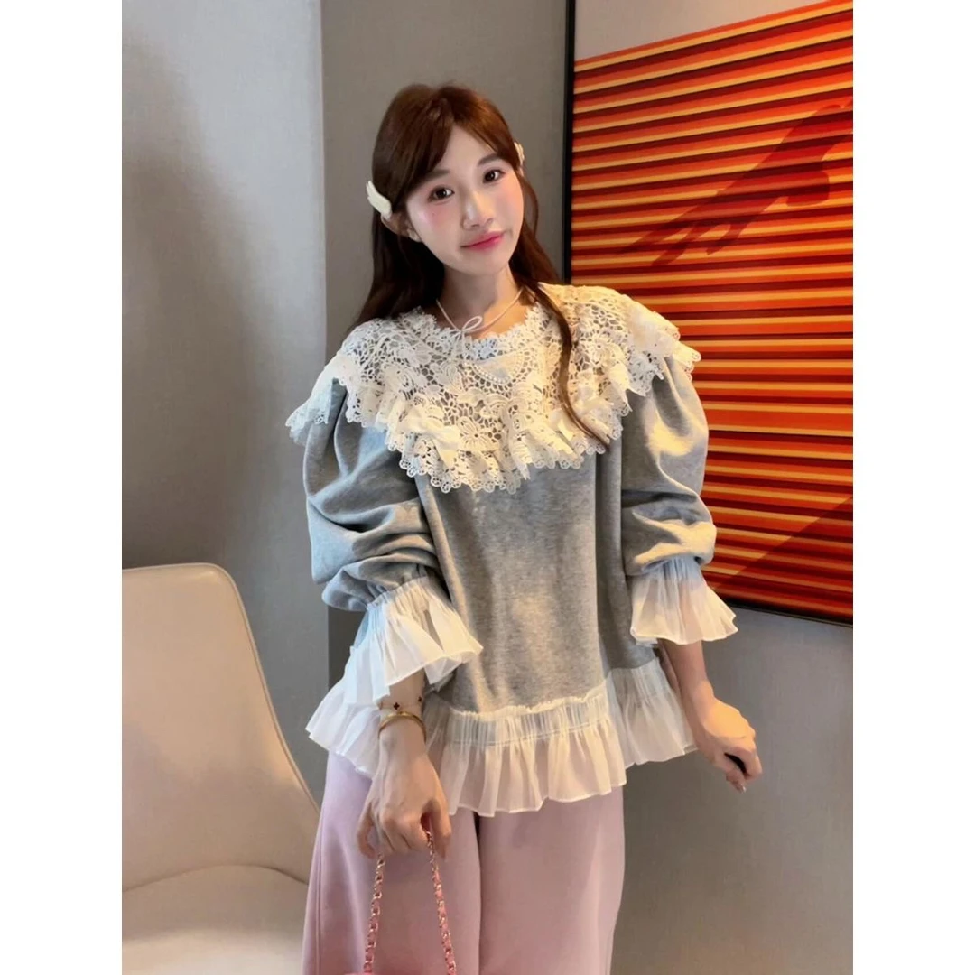 루루가−  韩国东大门浅灰色蕾丝披肩领荷叶边下摆泡泡袖加绒卫衣女