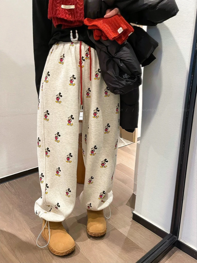 루루가− 韩国东大门冬季新款宽松长裤女韩系米奇抽绳满印加绒卫裤潮