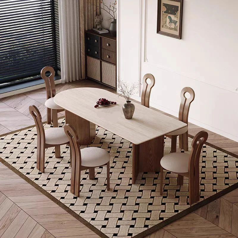 TUNUOSHI/图诺狮德利丰洞石岩板实木餐桌新法式复古家用吃饭桌子