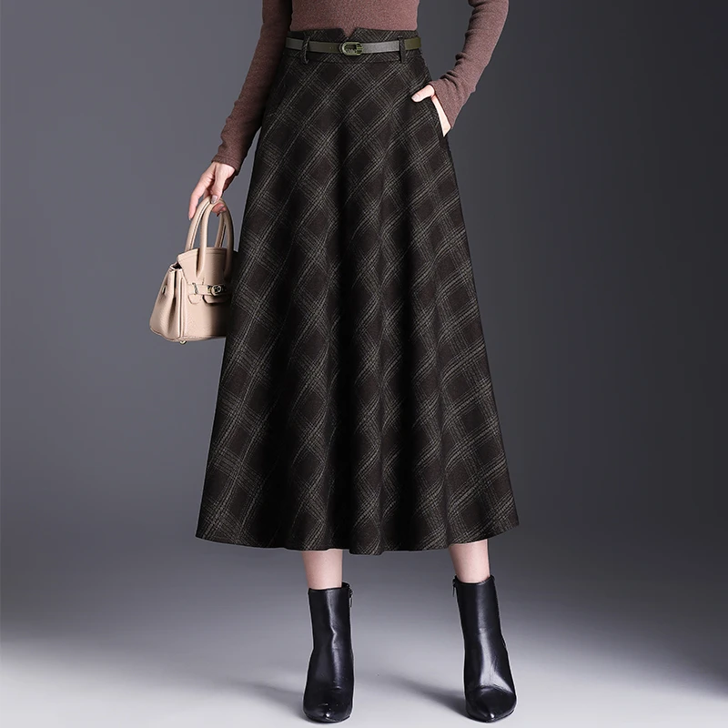 复古格子半身裙冬季毛呢中长款百褶裙气质高腰大码a字大摆长裙女