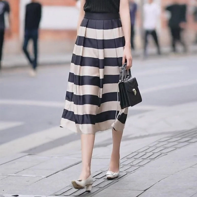 条纹半身裙醋酸缎面高腰百褶长裙女夏大码高腰裙子a字蓬蓬半裙
