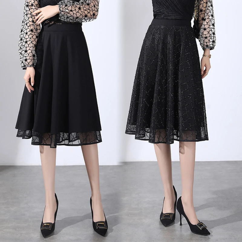 纱裙女半身裙2024新款时尚蓬蓬网纱a字裙高腰长裙蕾丝黑色中长款