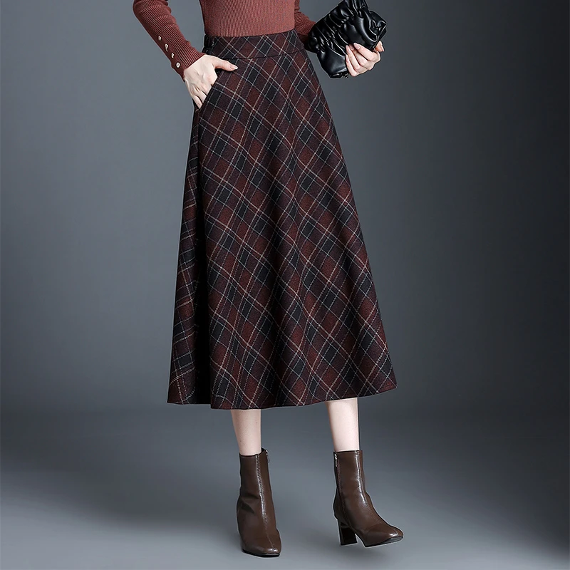 复古格子半身裙冬季毛呢a字长裙女时尚大气呢子格纹大摆裙秋