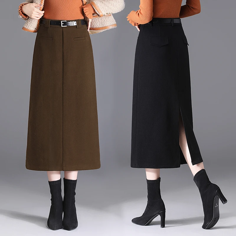 2024秋冬高腰半身裙时尚百搭开叉包臀裙中长款毛呢直筒一步裙女