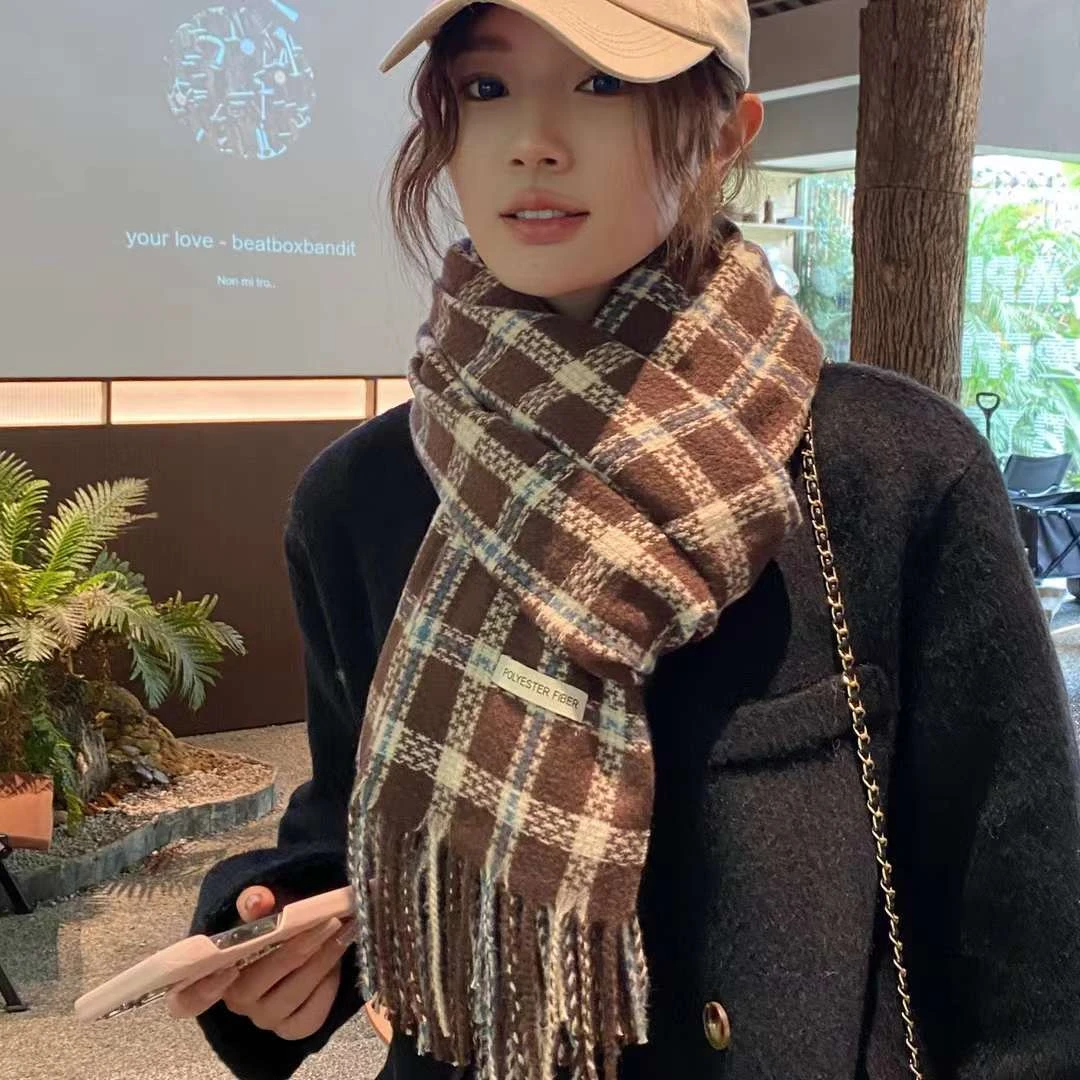 秋冬季围巾百搭情侣格子保暖加厚羊绒韩版加厚仿羊绒围巾