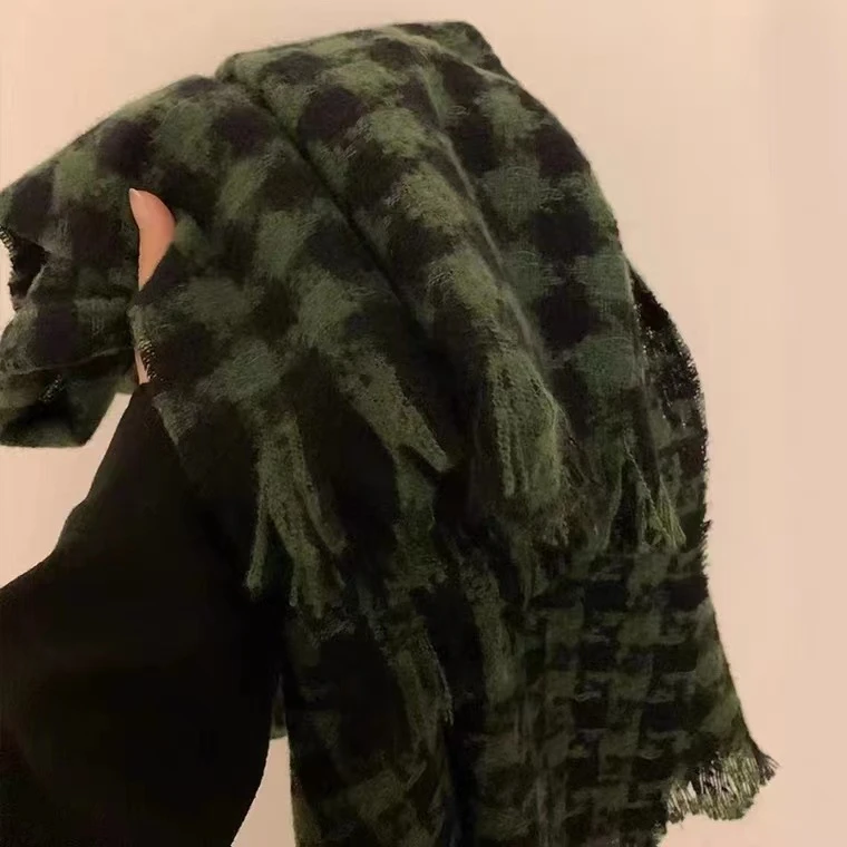 网红绿格子围巾女秋冬季韩版日系百搭加厚保暖仿羊绒长围脖ins潮