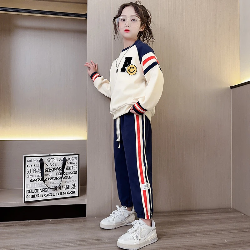 2025春秋新款韩版时尚洋气女中大童圆领套头卫衣休闲长裤套装
