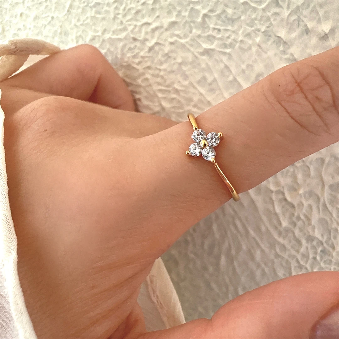 925银戒指 四叶草锆石戒指满天星花朵镶钻小众时尚百搭精致简约