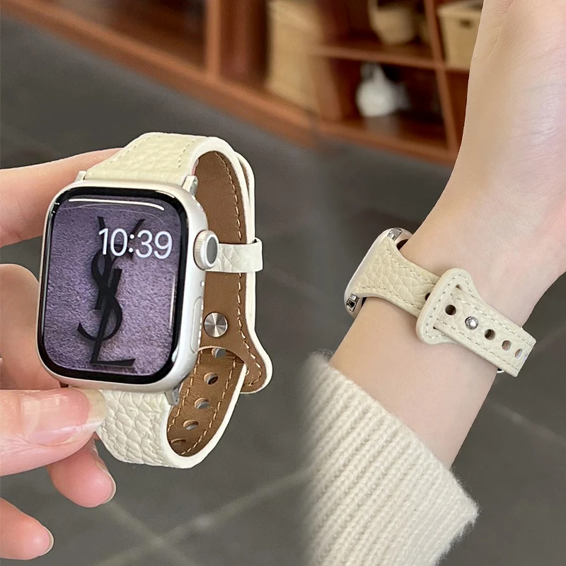 星光色荔枝纹细款适用于iwatchs9手表表带苹果s8气质applewatch7