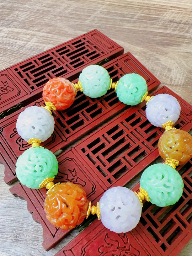 新品天然A货翡翠多宝手串镂空雕刻大圆珠