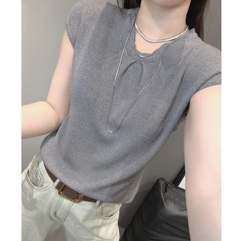 夏季新款时尚圆领冰丝针织衫短袖女欧货气质修身显瘦简约百搭上衣