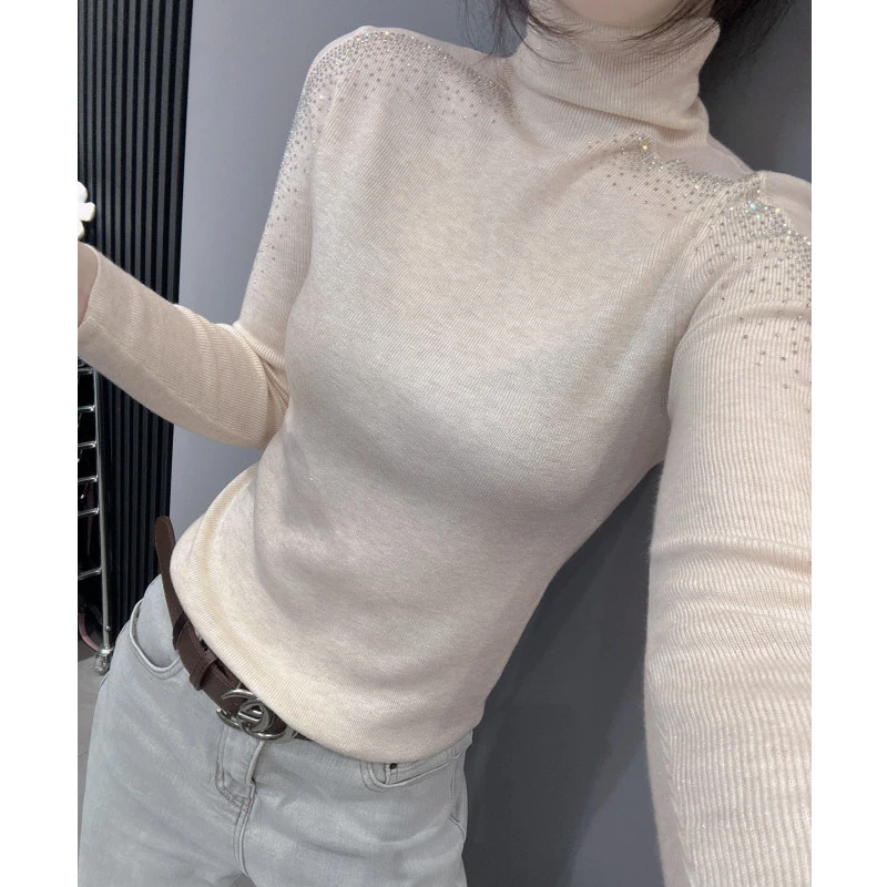 重工烫钻毛衣针织衫女长袖秋冬款弹力紧身内搭高领打底衫气质上衣