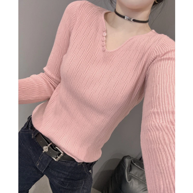 欧洲站长袖针织衫女秋季新款独特别致修身内搭毛衣打底衫V领上衣