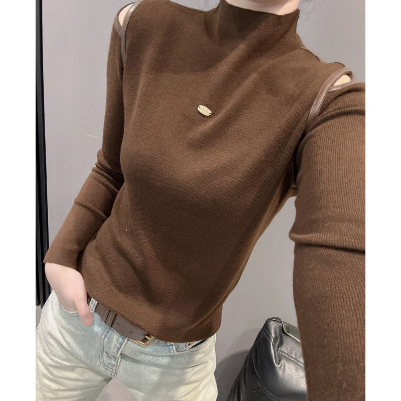 露肩针织衫女长袖秋冬款气质修身半高领内搭毛衣打底衫设计感上衣