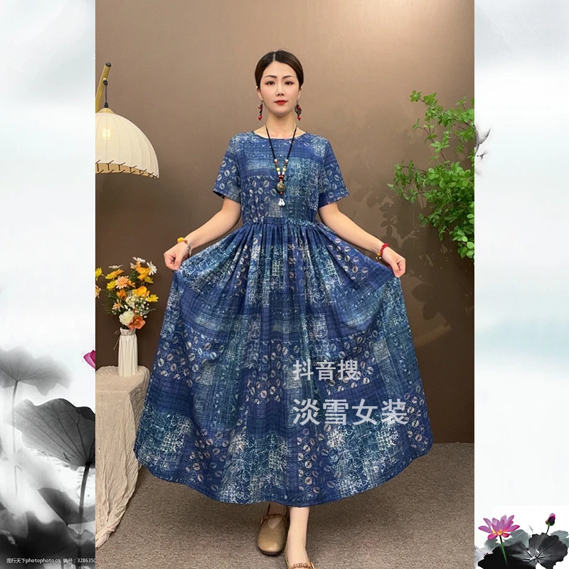 淡雪夏季时尚复古短袖气质女装收腰中长款抽绳遮肚显瘦大摆连衣裙