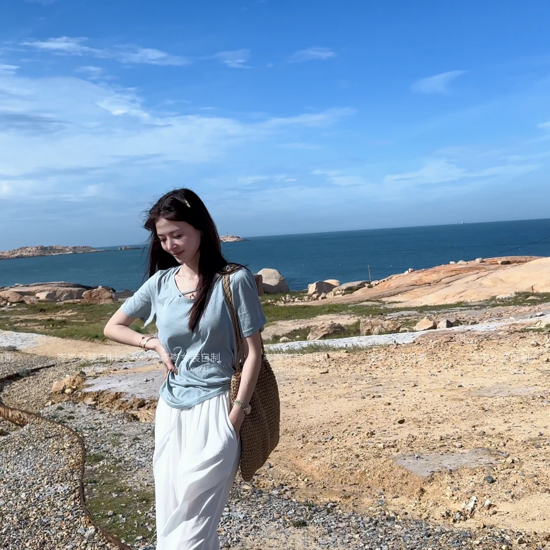 岑岑女装自制【海盐圆领挂带T恤】舒适百搭 女人味短袖