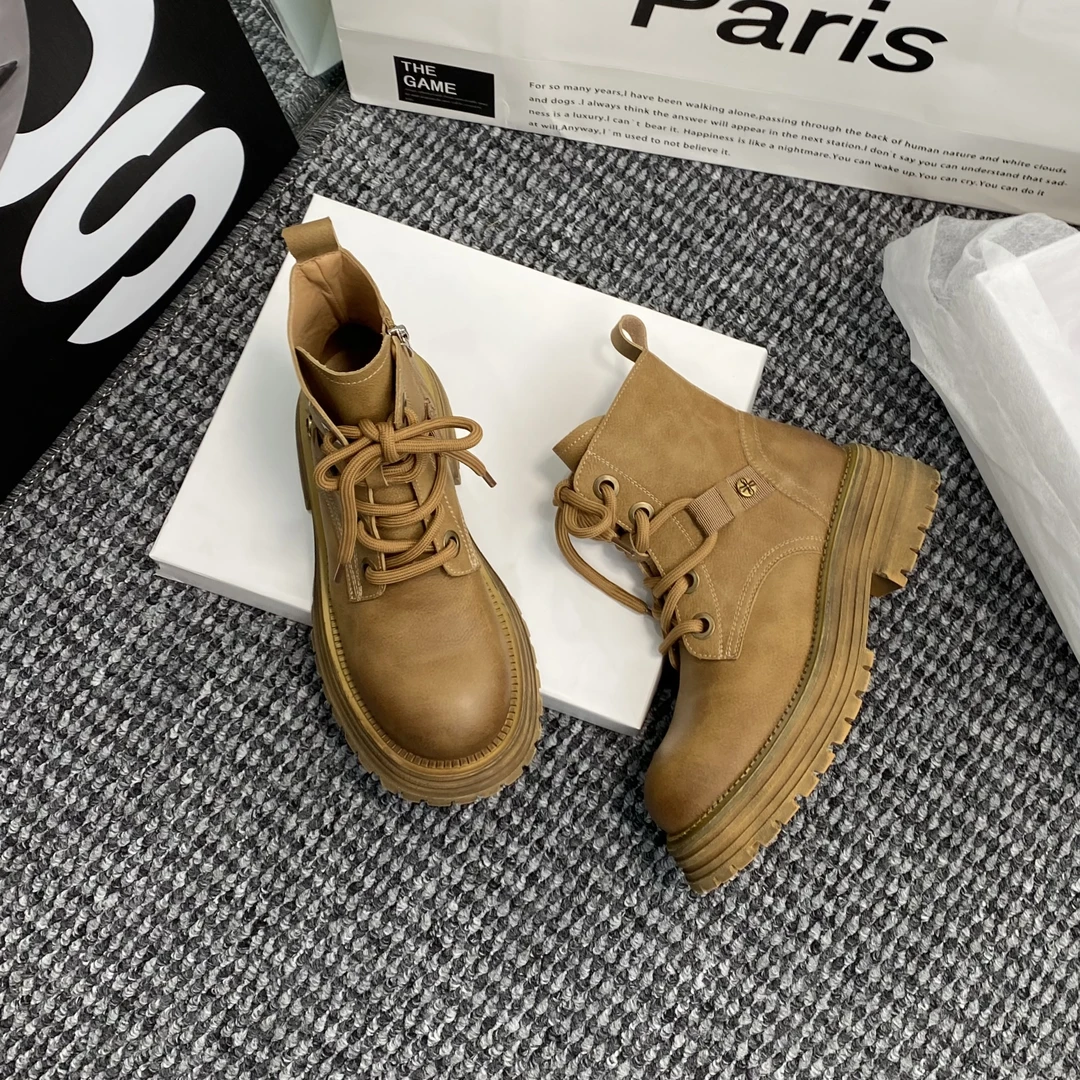 机车靴女鞋2023秋季新款厚底百搭大黄靴英伦风系带短筒短靴工装靴