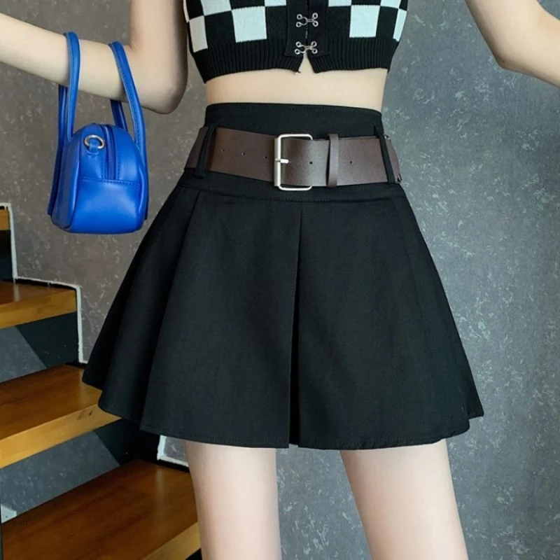半身裙女韩版显瘦百搭小个子高腰百褶a字短裙配腰带