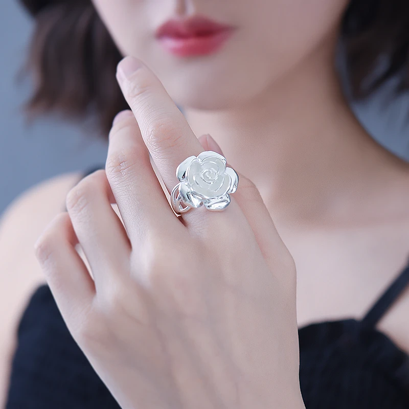 足银戒指 玫瑰花戒指纯银999 女韩版简约时尚夸张个性食指戒子复