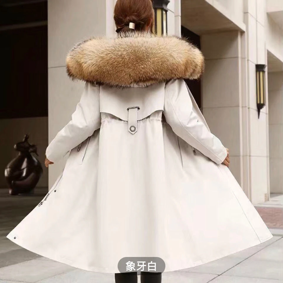 女款冬季皮草派克服保暖长款舌头款连帽大毛领时尚休闲修身