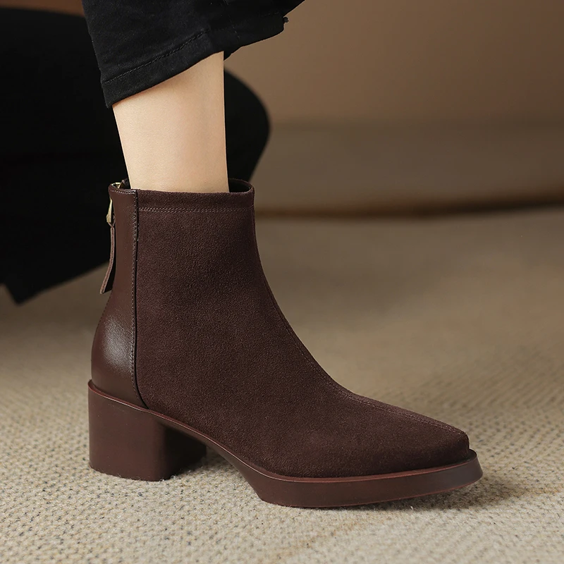 5公分牛反皮复古棕色短靴女新款秋冬单靴厚底高跟裸靴大码41-43