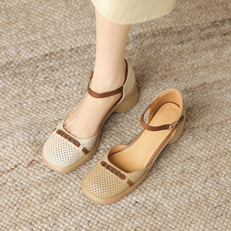 5公分羊皮34-40夏季新款拼色中跟粗跟中空包头凉鞋女透气洞洞鞋