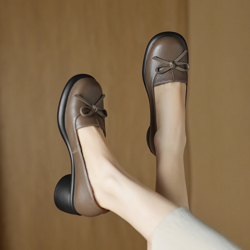 4.5公分羊皮33-40英伦风厚底小皮鞋女粗跟乐福秋季蝴蝶结懒人单鞋