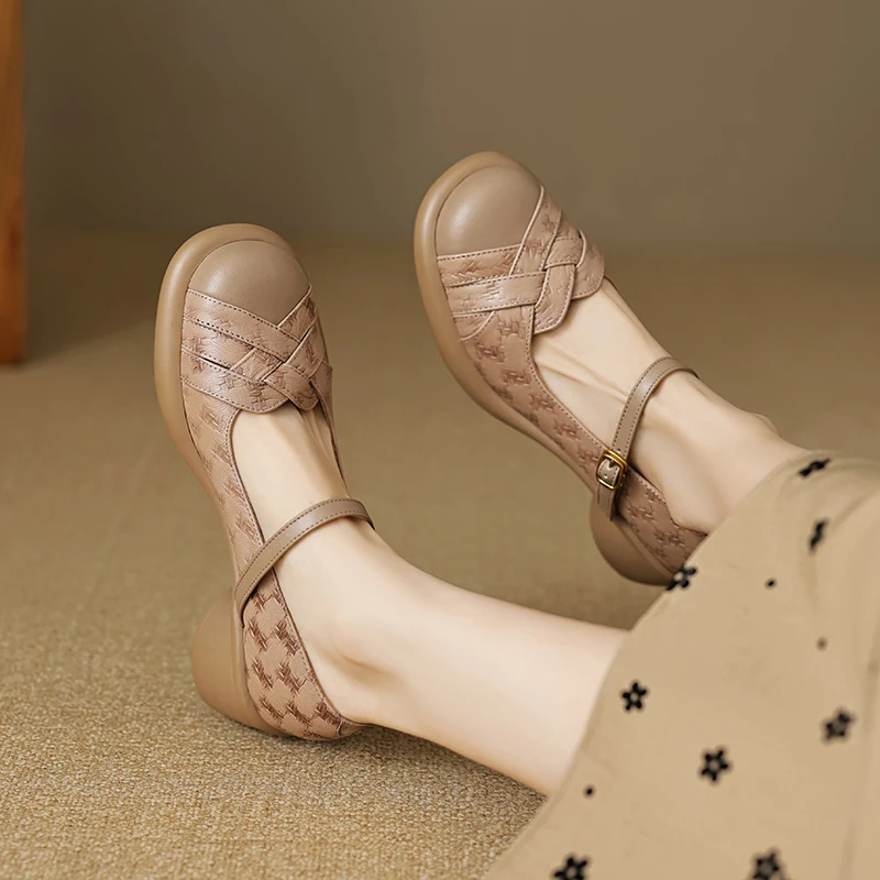 5公分羊皮34-41圆头厚底单鞋女秋季新款粗跟浅口一字带舒适单鞋