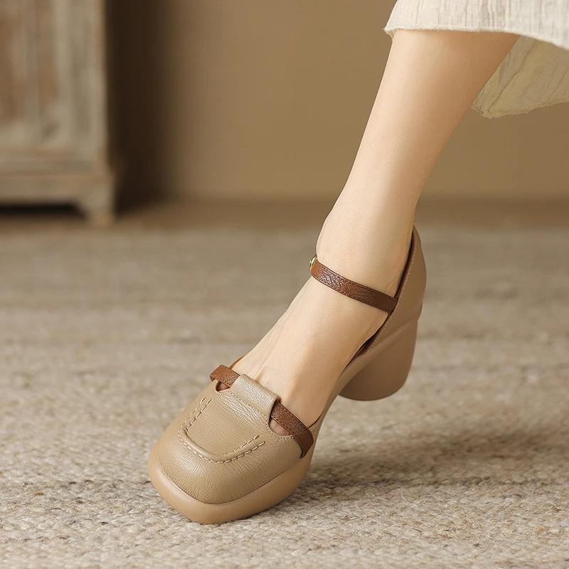 6.5/5厘米羊皮34-40复古圆头厚底粗跟包头凉鞋女夏新款显瘦高跟鞋