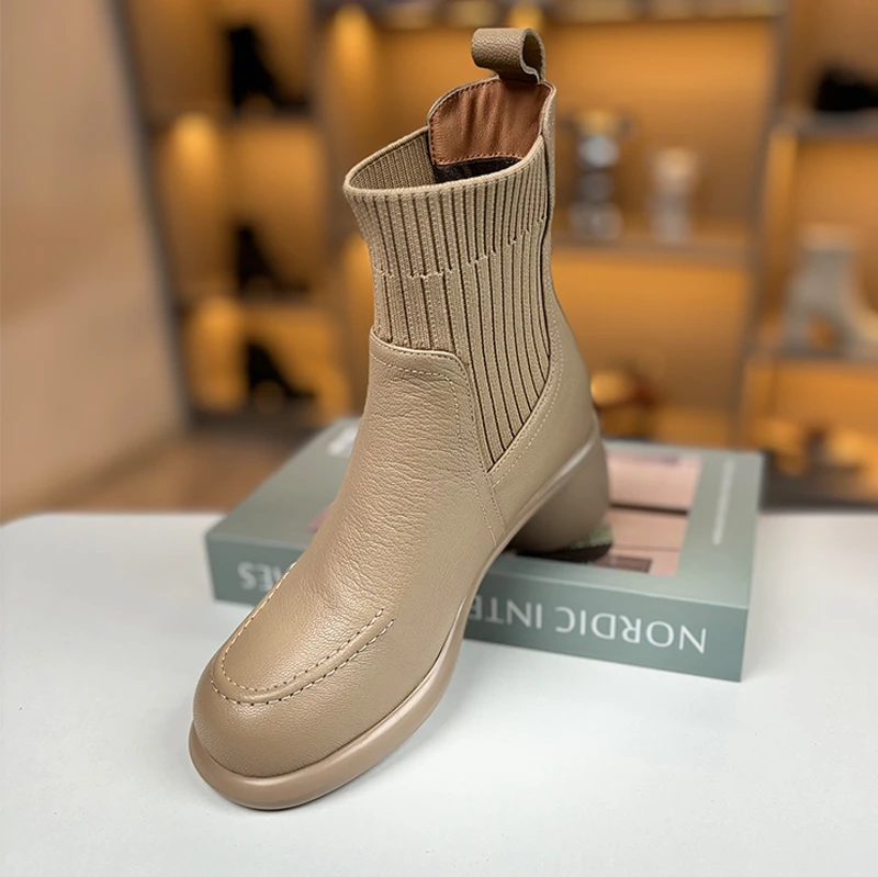 7公分/5公分 羊皮厚底马丁靴女真皮粗跟弹力瘦瘦靴秋冬高跟短靴